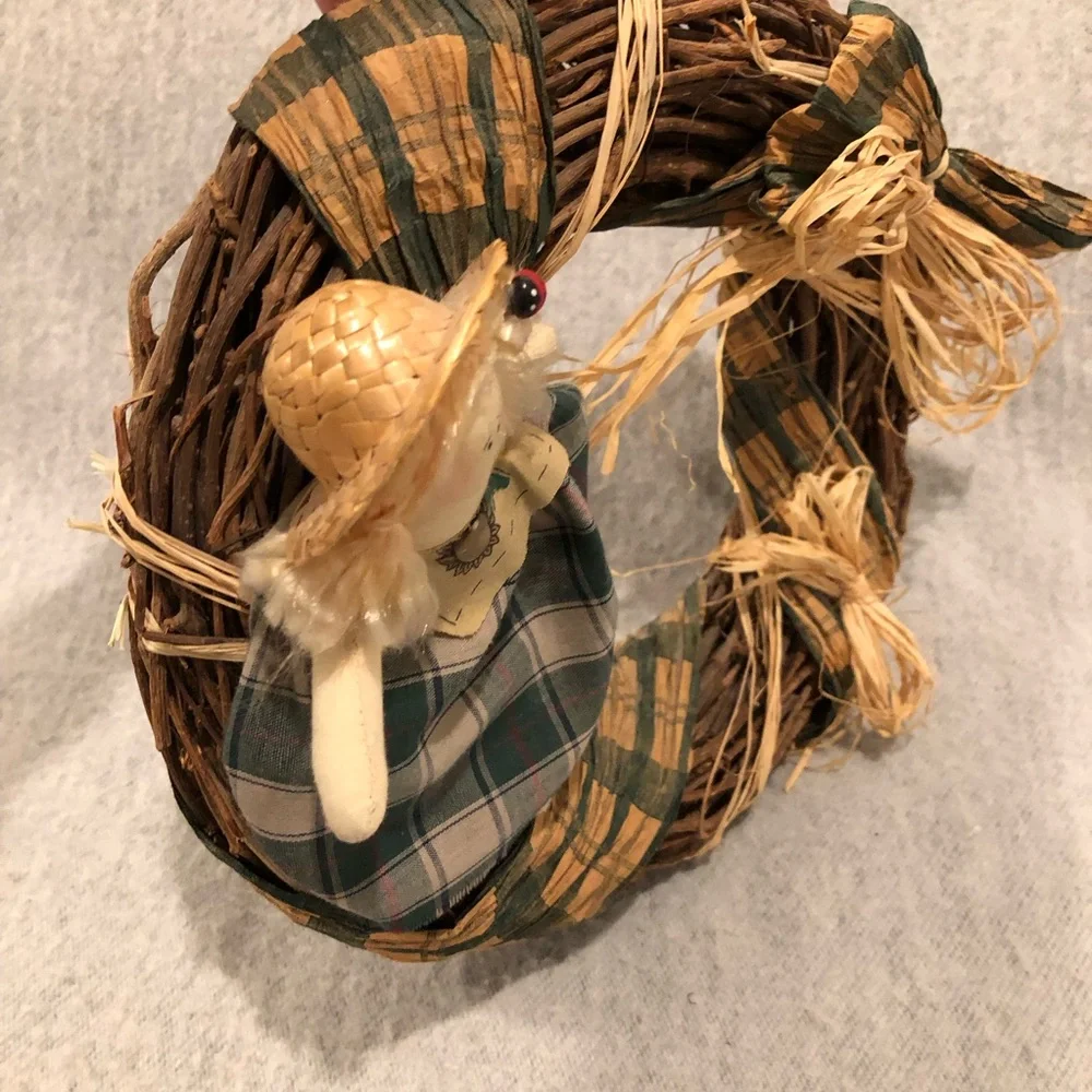 NWOT - Charming Rustic-look Plaid Doll Wreath with Raffia Trim